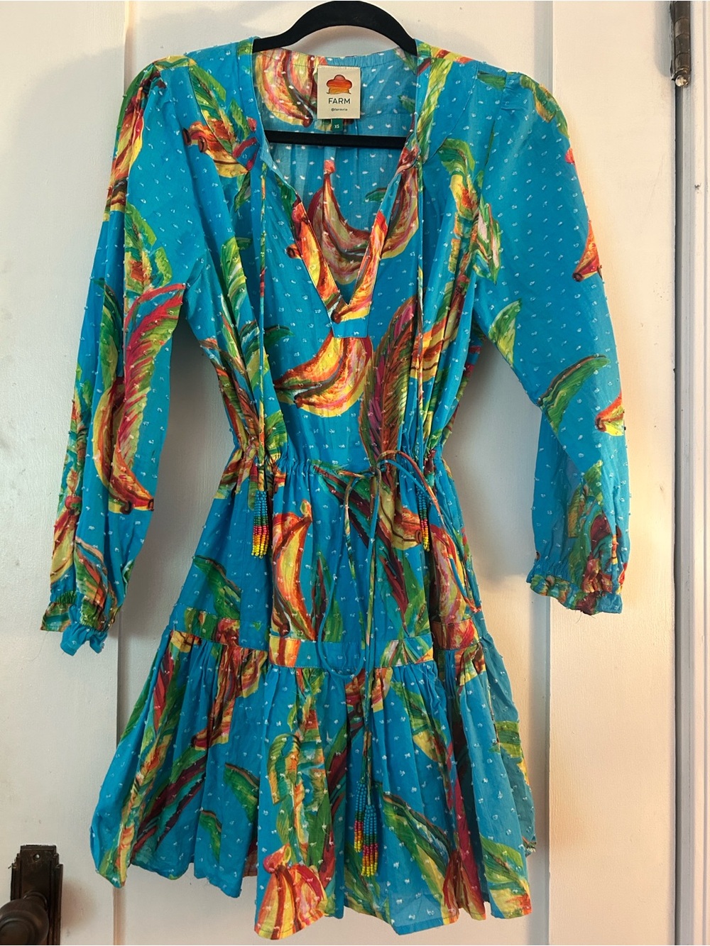 FARM Rio Turquoise Tropical Banana-Leaf Tie-Waist Dress
